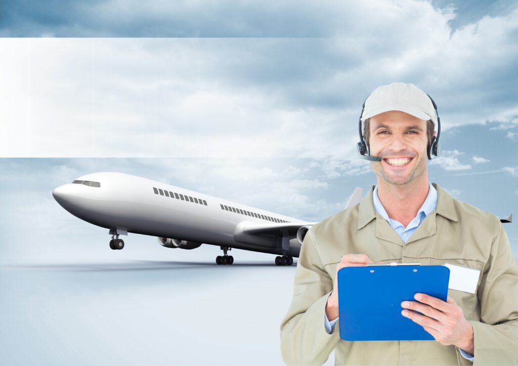 Digital composition of delivery man holding clipboard against airplane in background